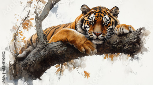 atercolor tiger resting on tree branch drawing illustration