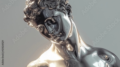 Classical statue with a futuristic chrome finish reflecting light, creating a surreal metallic effect
