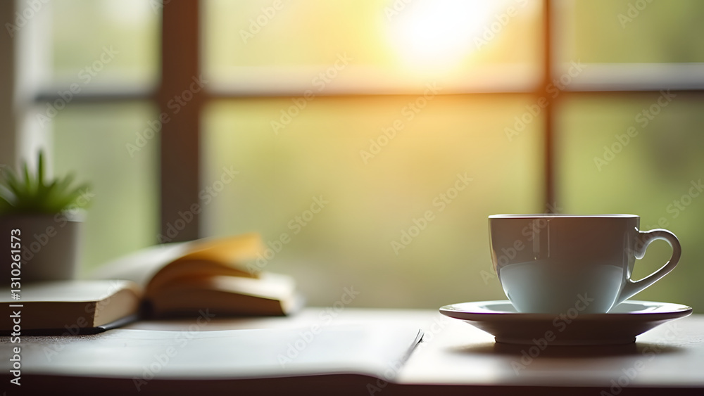 serene morning scene with cup of coffee, book, and sunlight serene morning scene with cup of coffee, book, and sunlight