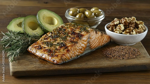 Grilled Salmon with Avocado, Nuts, and Olives on Wooden Board