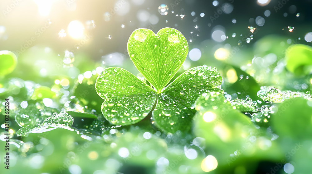 Clover with water droplets sparkles in meadow, sunlit background, soft bokeh Clover with water droplets sparkles in meadow, sunlit background, soft bokeh