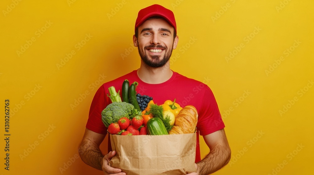 Smiling man holds fresh groceries Smiling man holds fresh groceries