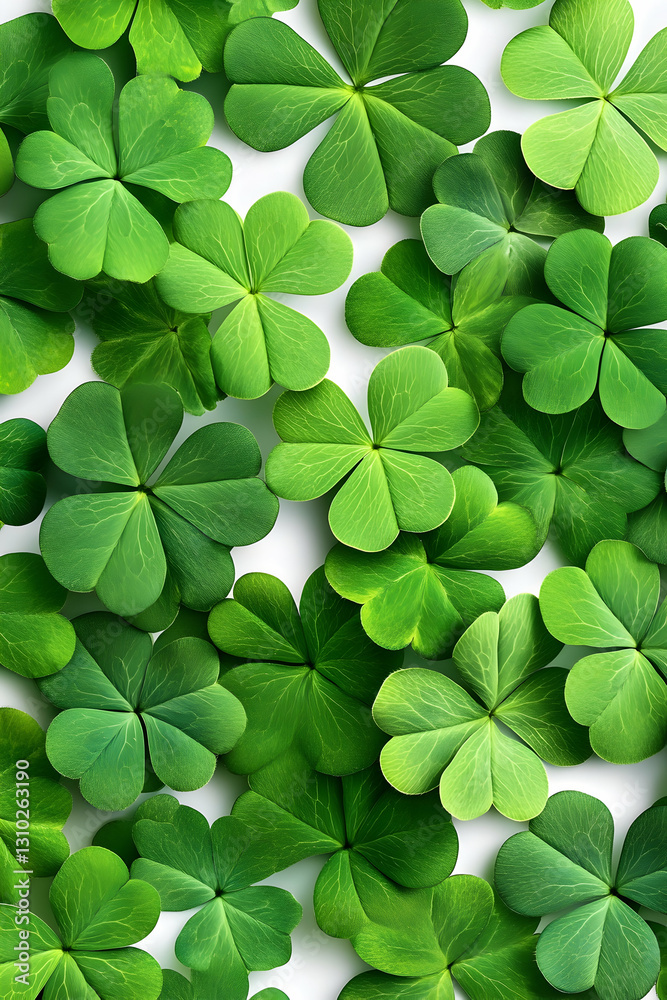 Clovers scattered on white backdrop, Irish luck, St. Patrick's Day celebration Clovers scattered on white backdrop, Irish luck, St. Patrick's Day celebration