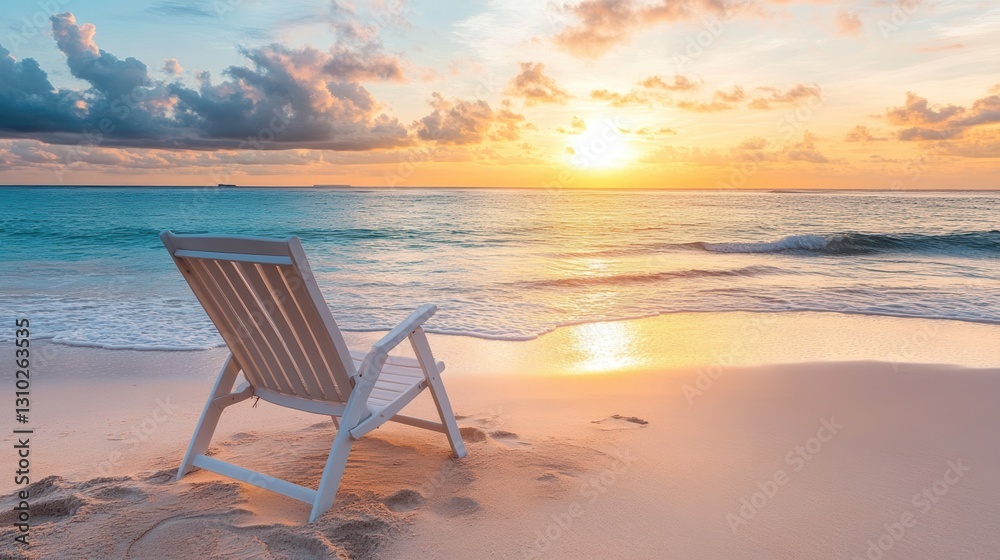 A beach chair sits on the sand at sunset, with gentle waves lapping nearby. A beach chair sits on the sand at sunset, with gentle waves lapping nearby.