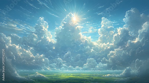 Beautiful blue sky with bright sunlight and fluffy white clouds