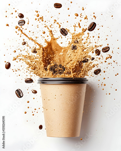 Coffee splash from paper cup with beans on white background
