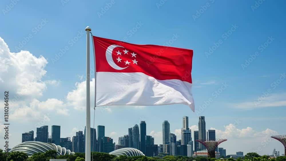 Singaporean flag waving proudly against a backdrop of the stunning skyline, showcasing the country's modern architecture and vibrant spirit