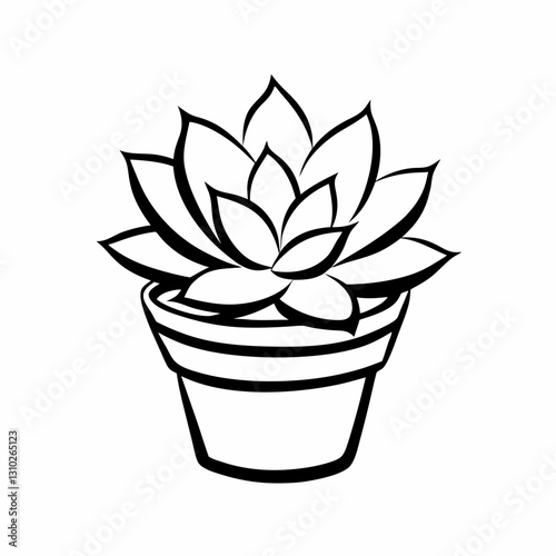 Black and white succulent outline in pot on white background