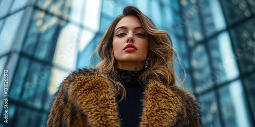 Spectacular confident woman in an evening dress and an expensive natural fur coat is walking along a city street.