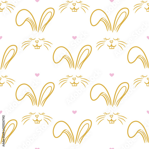 Seamless pattern with bunny line faces and polka dot little hearts