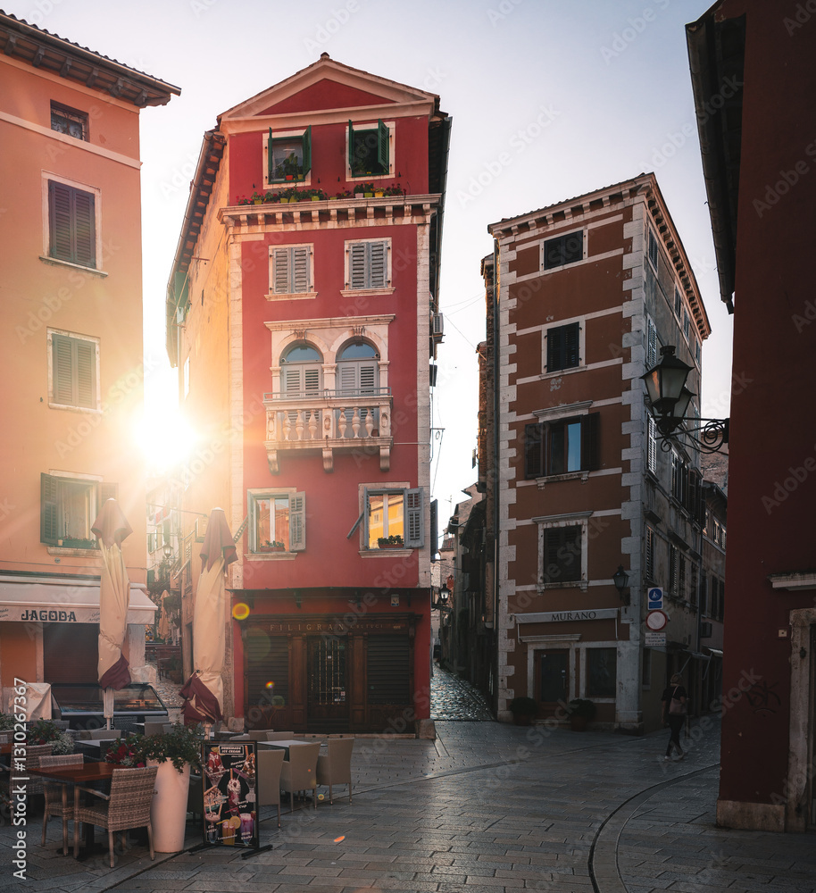 Narrow streets in the old town of Rovinj, Croatia