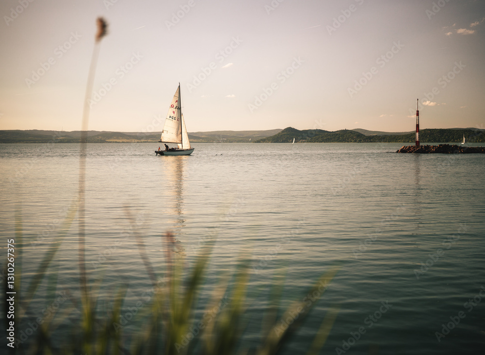 Sailboat in the port on lake Balaton in summer