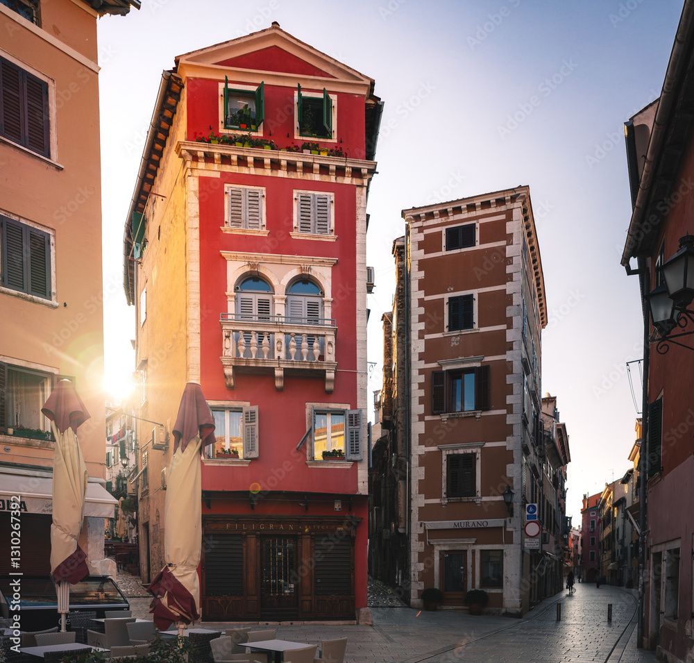Narrow streets in the old town of Rovinj, Croatia