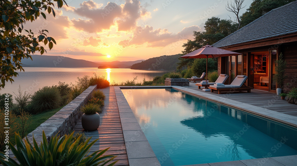 Obraz premium Luxury Resort Swimming Pool with Palm Trees and Ocean View Under a Tropical Sky