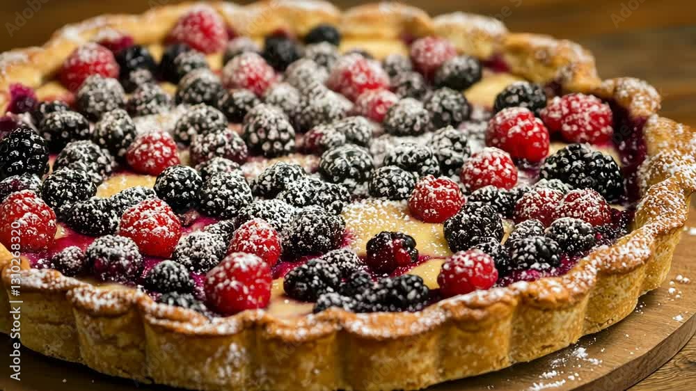 Freshly baked berry tart with powdered sugar displayed on a wooden serving board in a cozy kitchen setting Freshly baked berry tart with powdered sugar displayed on a wooden serving board in a cozy kitchen setting