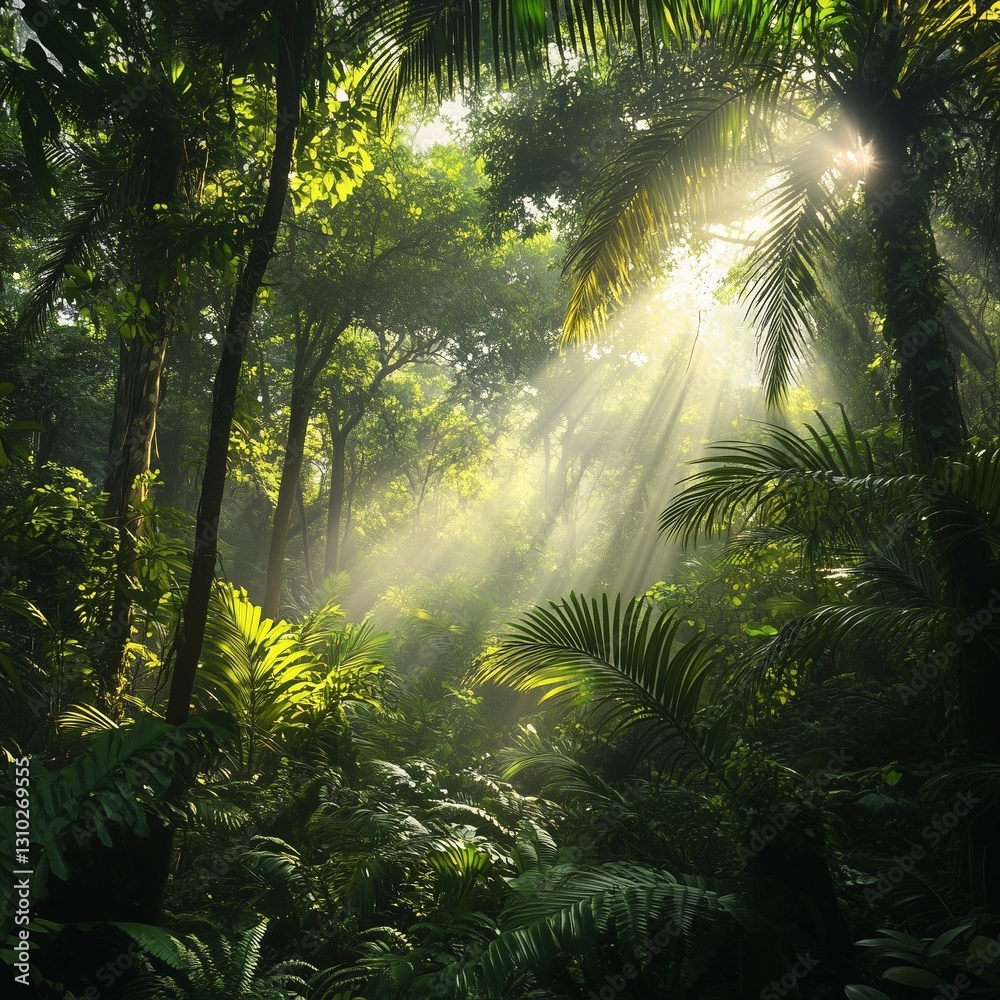 Obraz premium Dense tropical rainforest with towering trees and lush green foliage. Sunlight filters through the canopy, casting beams of light on the forest floor. A peaceful, untouched natural ecosystem