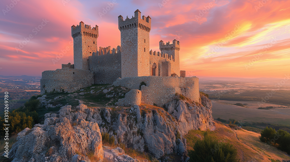 Obraz premium Dramatic sunset illuminates medieval castle perched on rocky hill with vibrant sky in the background