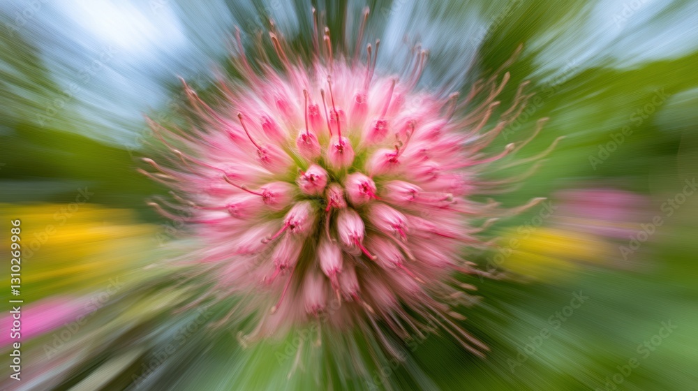 Obraz premium Blurred pink flower with green leaves creates a soft, serene natural scene.