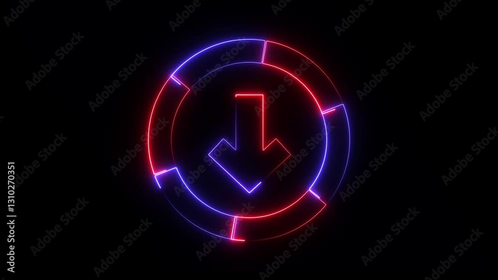 Neon bright download animation. Software download icon on black background. Neon download bar animation Neon bright download animation. Software download icon on black background. Neon download bar animation