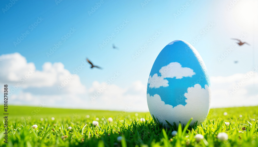 Decorative Easter egg with clouds on grass, spring celebration Decorative Easter egg with clouds on grass, spring celebration