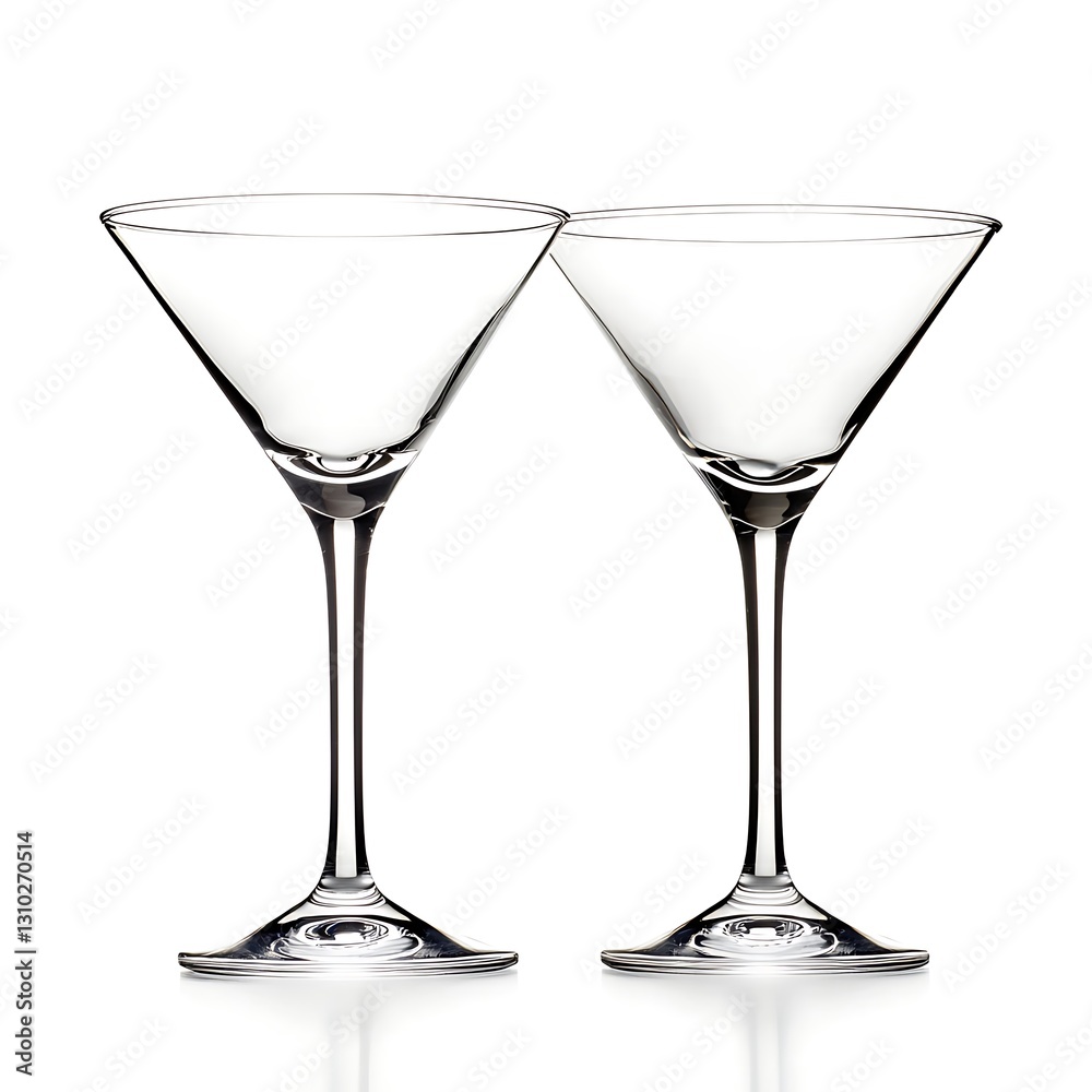 Empty martini glasses, showcasing their elegant design with a smooth, clean surface, perfect for cocktail displays The glasses are isolated on white background Empty martini glasses, showcasing their elegant design with a smooth, clean surface, perfect for cocktail displays The glasses are isolated on white background