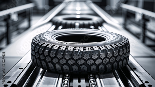 A tire rests on a conveyor belt in a modern factory, ready for the next stage of production. photo