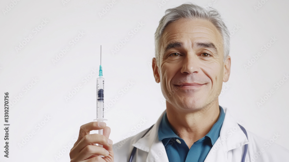Confident doctor holding a syringe with a smile for healthcare and medical promotion