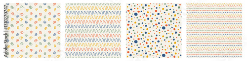 Hand Drawn Doodle Playful seamless pattern set. Abstract swirls wavy lines colorful dots. Perfect for textile prints, gift wrapping, scrapbook background, cover, children products, packaging
