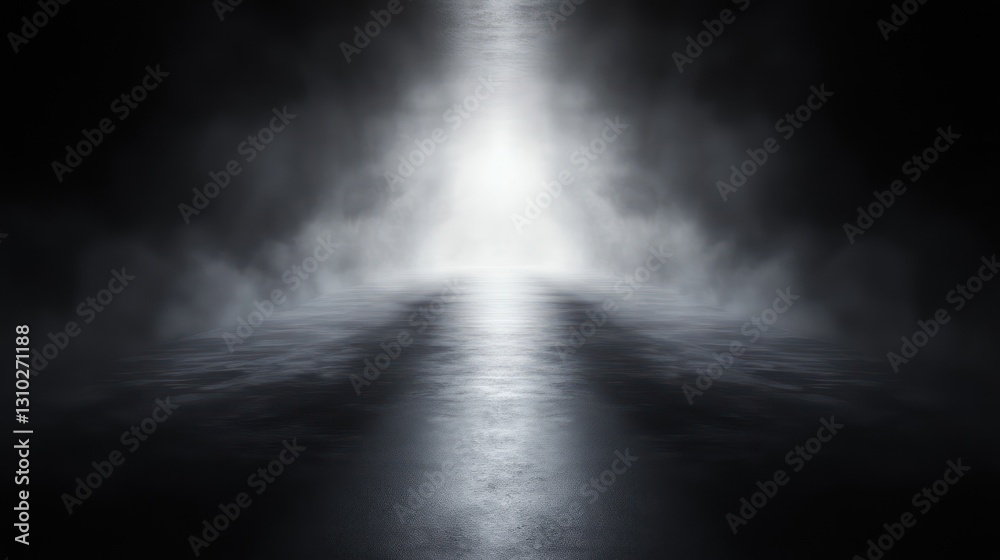 Empty Pathway Illuminated by Spotlight in Smoky Dark Space Empty Pathway Illuminated by Spotlight in Smoky Dark Space