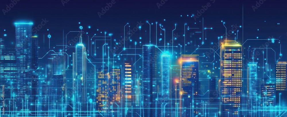 A futuristic depiction of a city connected with digital circuits A futuristic depiction of a city connected with digital circuits