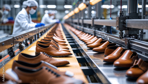 Rows of elegant brown leather shoes move along a modern automated factory production line.