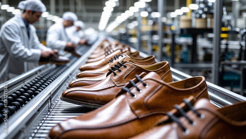 Brown leather dress shoes are being inspected by workers on a production line in a shoe factory.