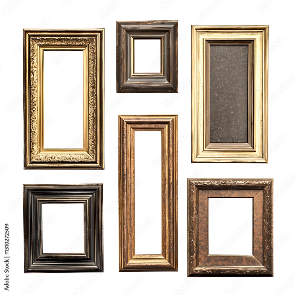 Empty picture frames in various sizes, perfect for showcasing artwork or photos The frames are isolated on white background Empty picture frames in various sizes, perfect for showcasing artwork or photos The frames are isolated on white background