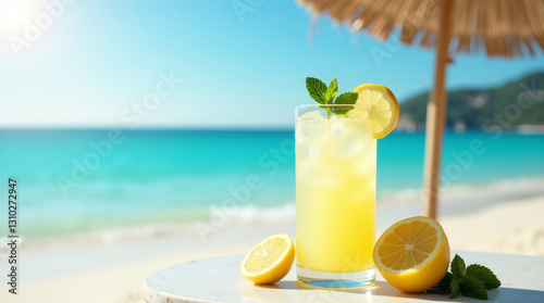 A tall glass of fresh, iced lemonade garnished with a lemon slice and mint leaves sits on a round table at a beachside resort