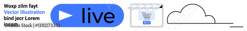 Blue play button with live text, shopping cart in storefront window, and cloud line art. Ideal for technology, e-commerce, video content, digital services, marketing, innovation flat landing page