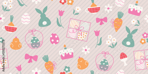 Cute simple easter festive eggs, rabbit, chick, flowers seamless pattern. Vector abstract bright spring background for easter holiday paper, banner, wrap