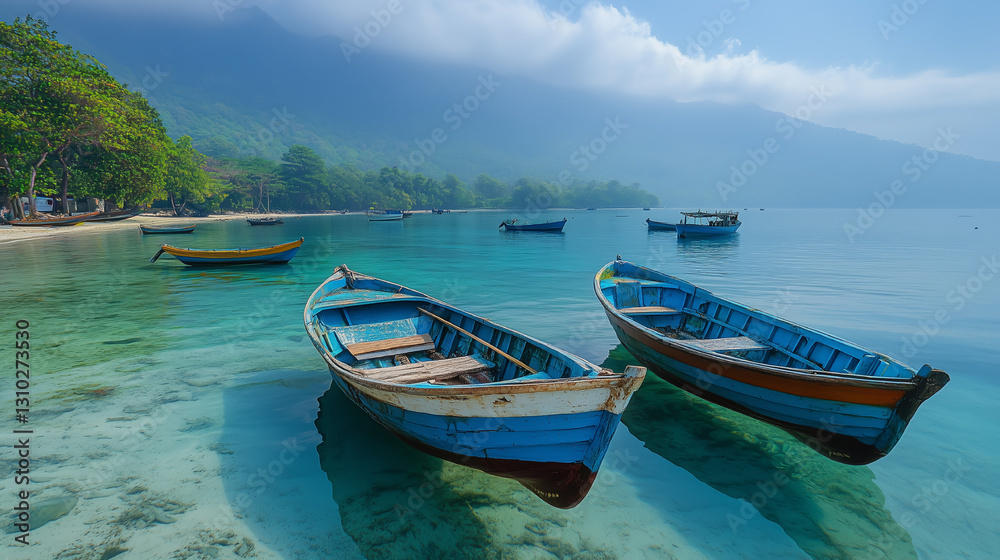 Tranquil morning at the coast with blue wooden boats floating in clear water surrounded by lush greenery and mountains in serene ambiance Tranquil morning at the coast with blue wooden boats floating in clear water surrounded by lush greenery and mountains in serene ambiance
