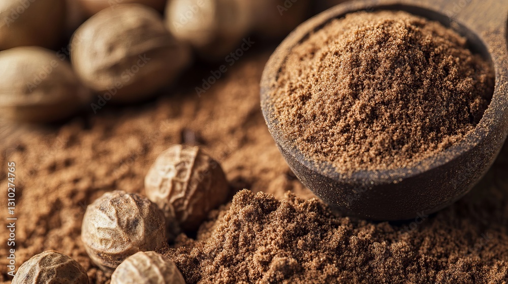 Ground Nutmeg Spice Powder Aromatic Brown Texture Close Up Detailed High Resolution Photo Food Ingredient Culinary Photography meal dish herb dark    