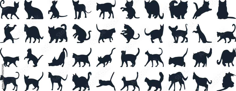 Naklejka premium Cat Silhouettes Vector Illustration, perfect for Halloween, cat lovers. Features various cat poses, paw prints. Ideal for pet, animal, feline, domestic, house cat