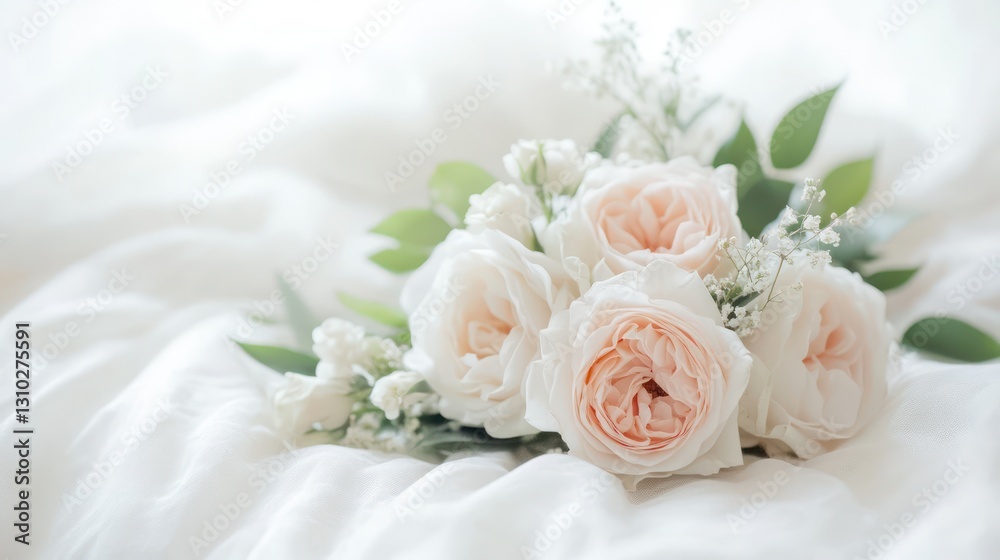 Delicate Peach and White Roses on White Fabric