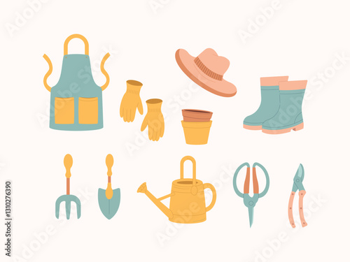 A set of gardening tools and accessories, including gloves, boots, an apron, a hat, a watering can, plant pots, and pruning shears. Perfect for gardening themes, DIY projects, and home decor.