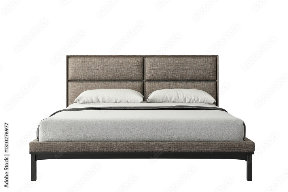 Modern bed with crisp white linens and a simple design in a minimalist bedroom setting Modern bed with crisp white linens and a simple design in a minimalist bedroom setting