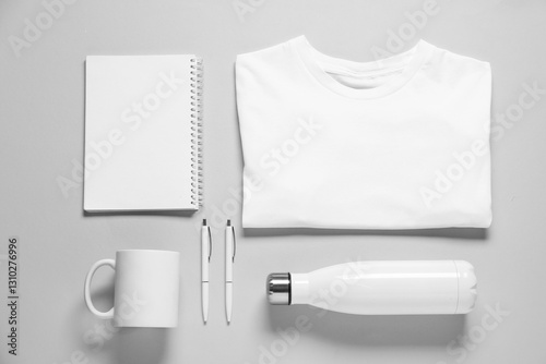 Different blank items for branding on grey background, flat lay. Mockup for design