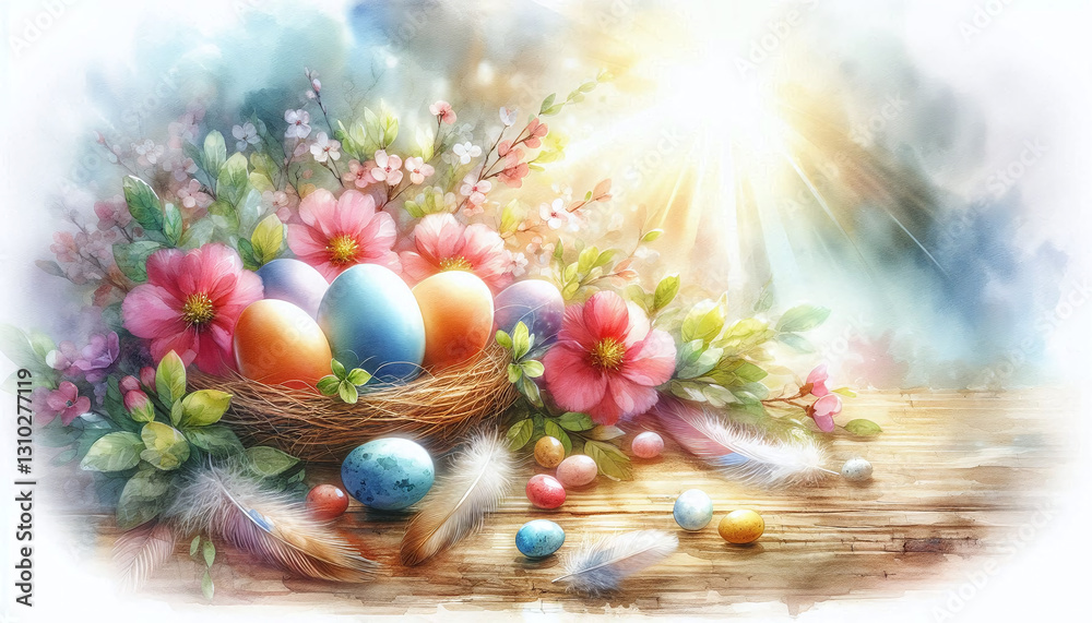 A watercolor Easter composition featuring a bird's nest filled with pastel eggs, surrounded by cherry blossoms and soft green leaves. The eggs are hand-painted with subtle gold flecks A watercolor Easter composition featuring a bird's nest filled with pastel eggs, surrounded by cherry blossoms and soft green leaves. The eggs are hand-painted with subtle gold flecks