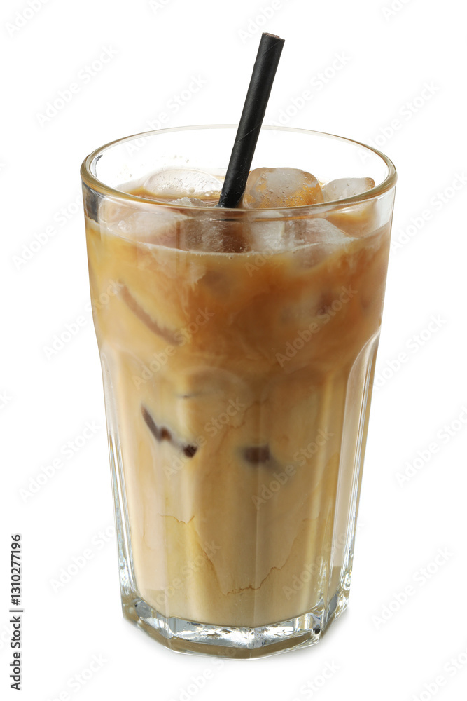 Refreshing iced coffee with milk in glass isolated on white Refreshing iced coffee with milk in glass isolated on white