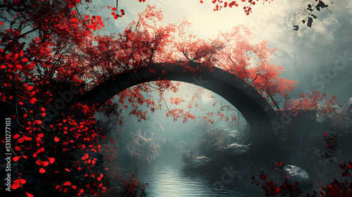 The poetic blooming of crimson flower branches. Poetic - Bridge. Illustration