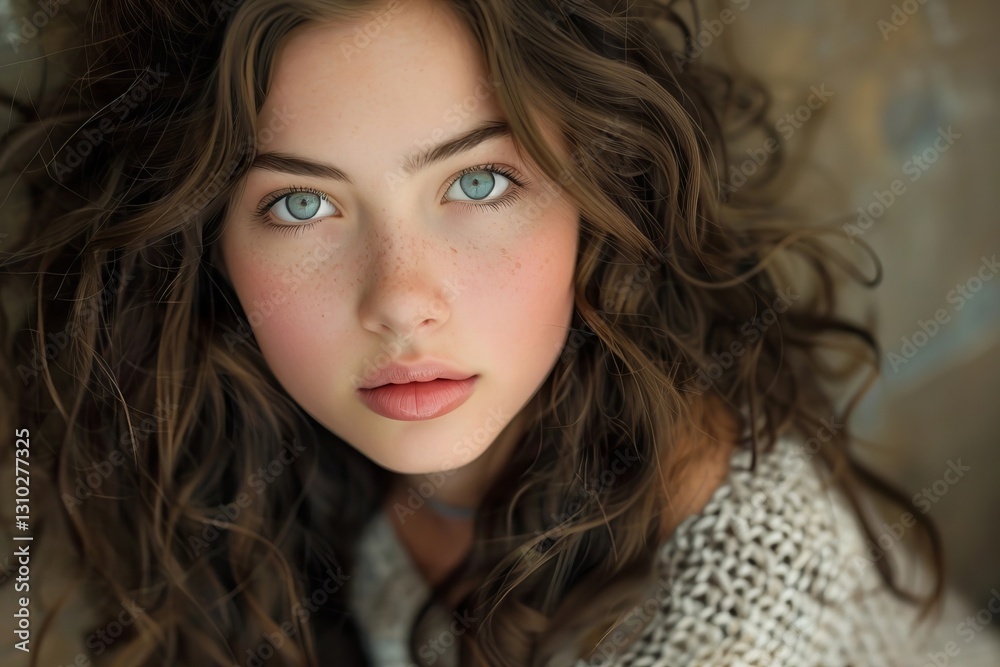 Close-up of a stunning girl with luscious cascading curls. Close-up of a stunning girl with luscious cascading curls.