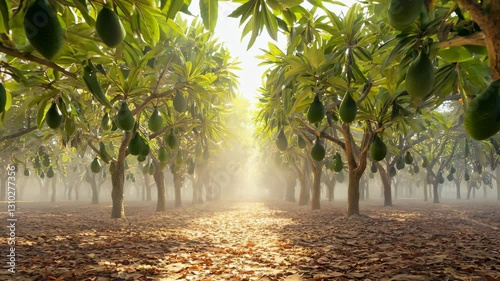 Serene avocado morning: sunlight illuminating rows of fruitbearing trees in lush greenery with gentle autumn leaves