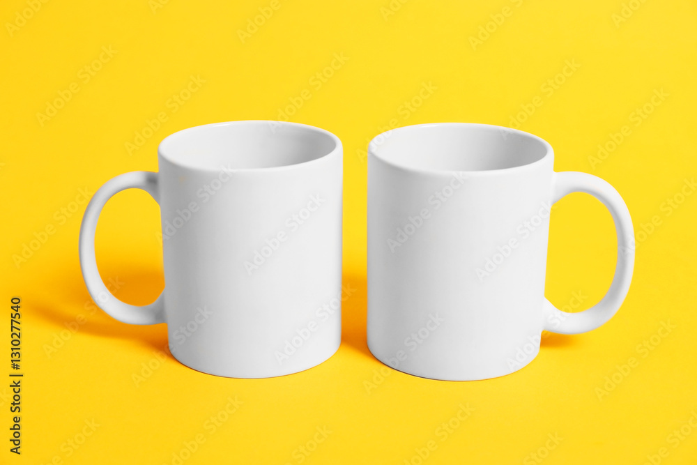 Two blank mugs for branding on orange background. Mockup for design Two blank mugs for branding on orange background. Mockup for design