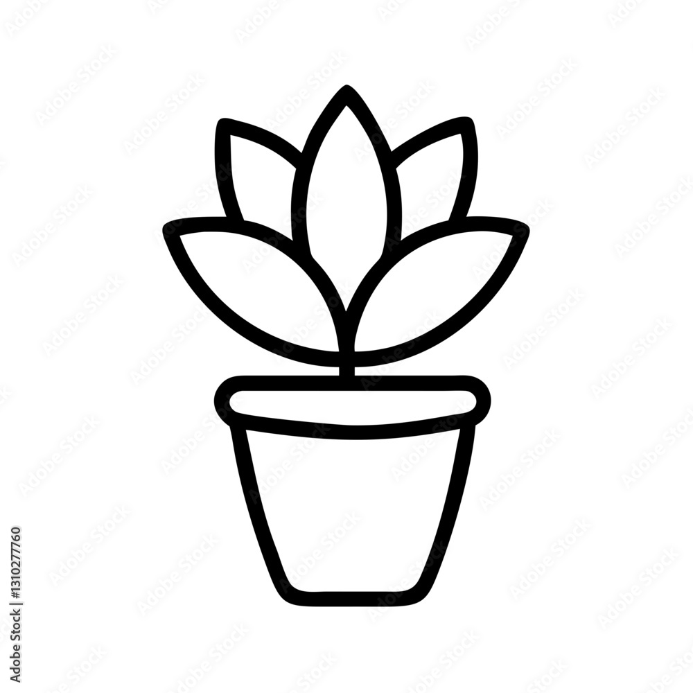 Simple line art potted plant illustration with broad leaves Simple line art potted plant illustration with broad leaves